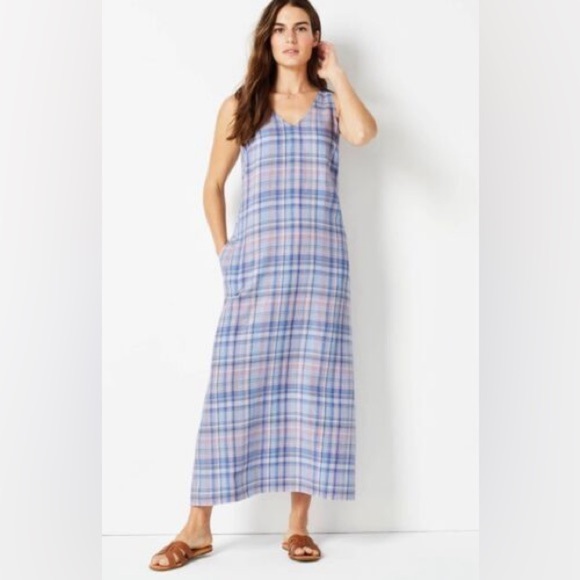 J Jill The Madras Maxi Dress 100% Linen Sleeveless Relaxed Fit Pockets Blue Sz M - Picture 13 of 14